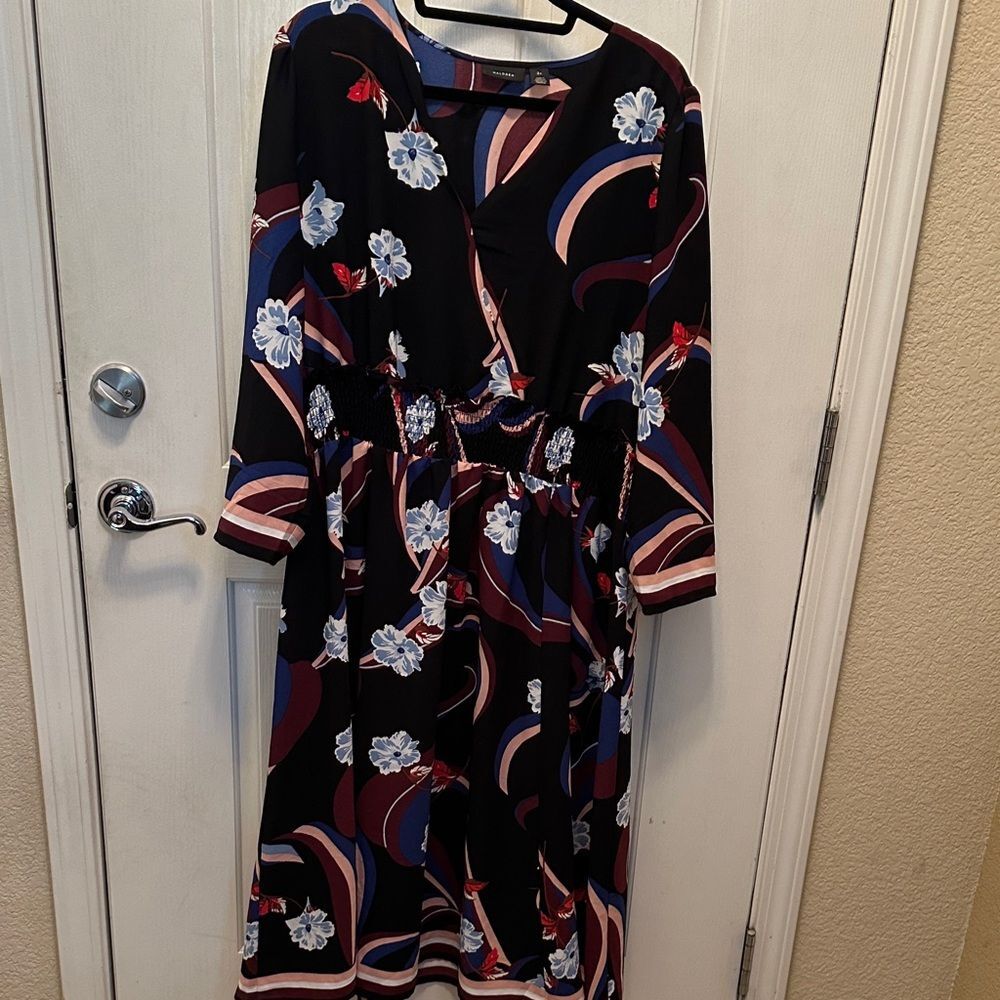 Halogen Black and Pink Floral Long Sleeve midi/Maxi Dress Size 2X